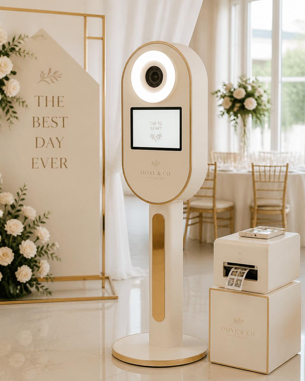 Zwarte classic photobooth met ringlicht op een stijlvol avondfeest