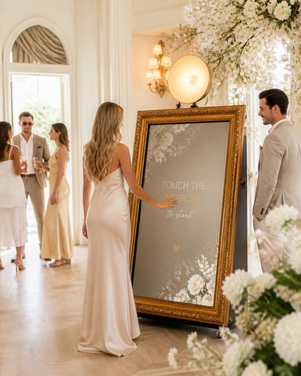 Gouden mirror photobooth met rode loper in een luxueuze feestzaal